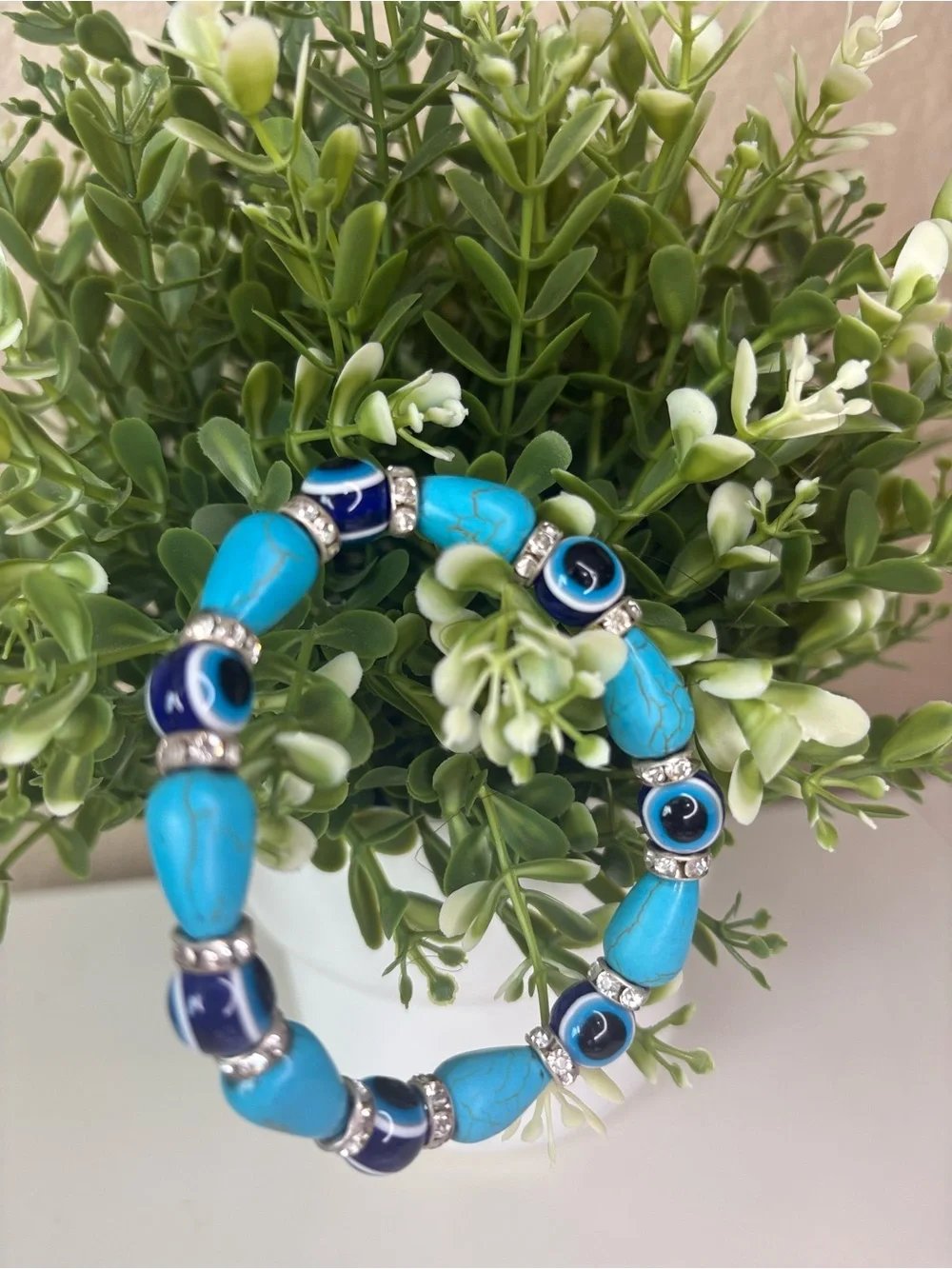 Turquoise Blue Beaded Evil Eye Stretch Bracelet